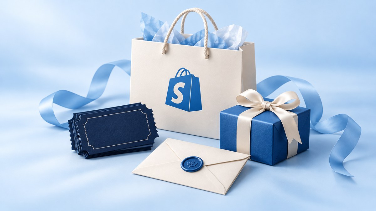 Shopify shopping bag with blank giveaway tickets, a wrapped prize, and an envelope.