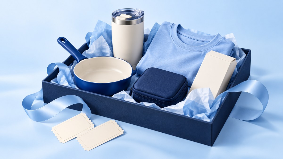 A navy tray holding unbranded cookware, a tumbler, a shirt and a travel case beside blank entry tickets.