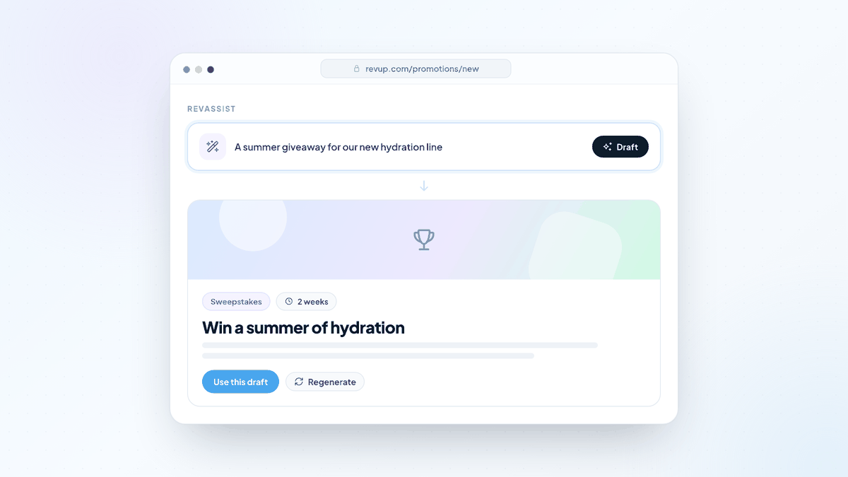 RevAssist turning a short prompt into a drafted promotion with a title, description, and artwork