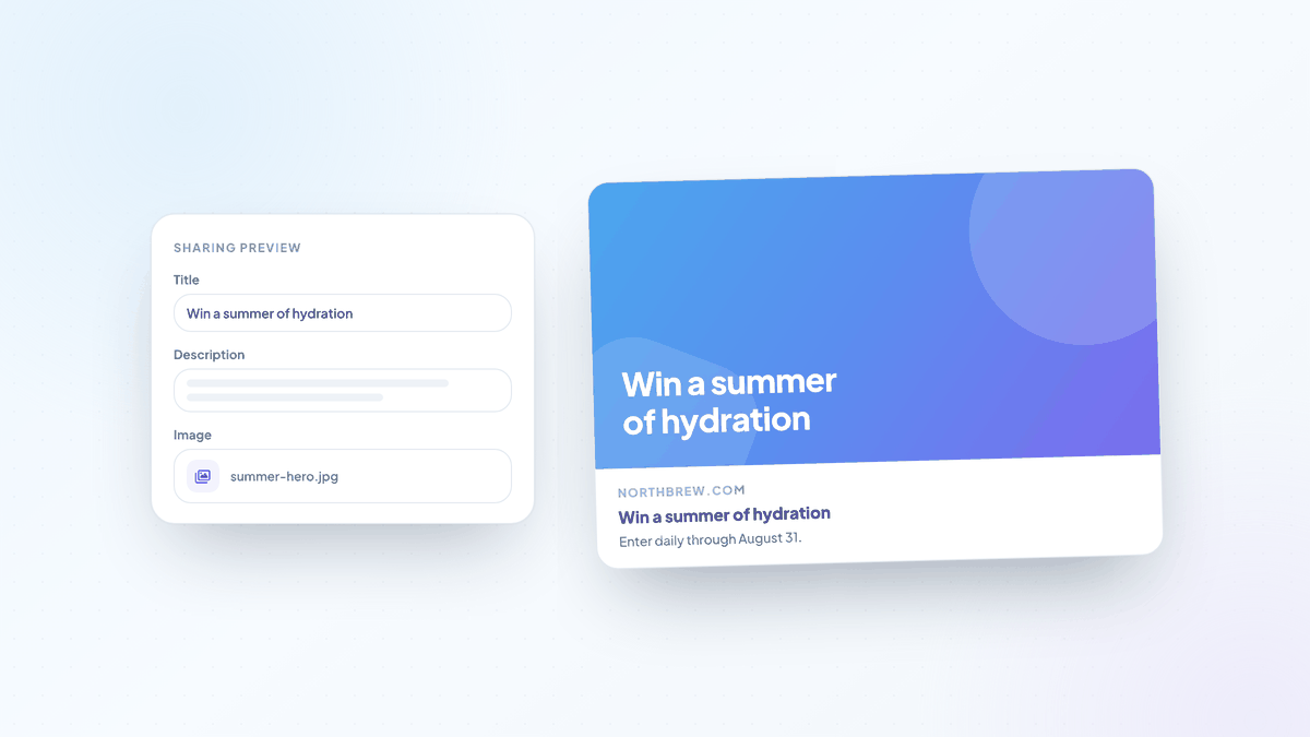 A sharing preview editor beside the resulting social card with a custom image, title, and description