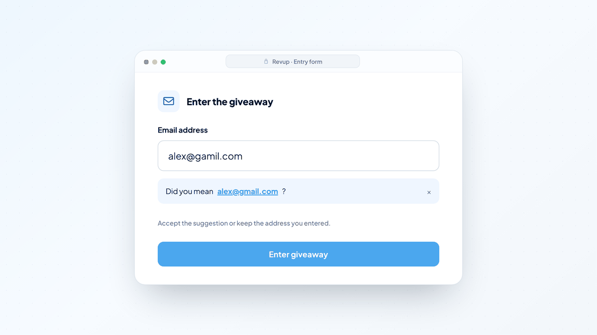 Illustration of an email entry field offering an optional correction from alex@gamil.com to alex@gmail.com
