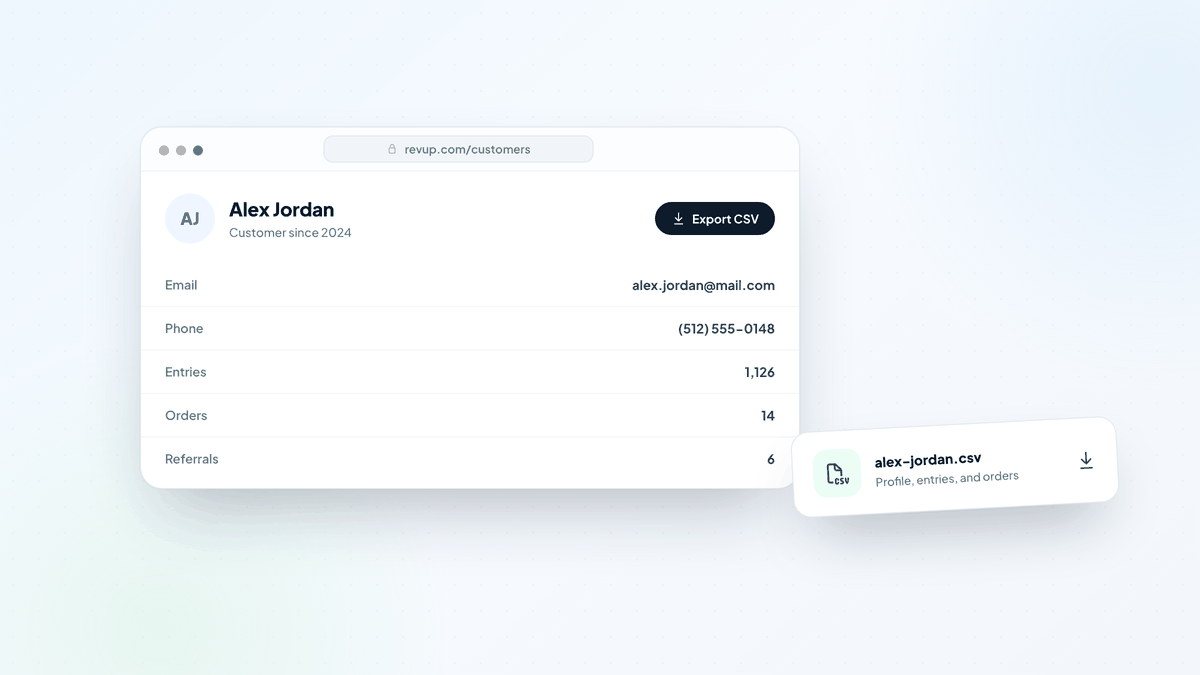 A customer profile with an export button and a ready-to-download CSV file of that profile