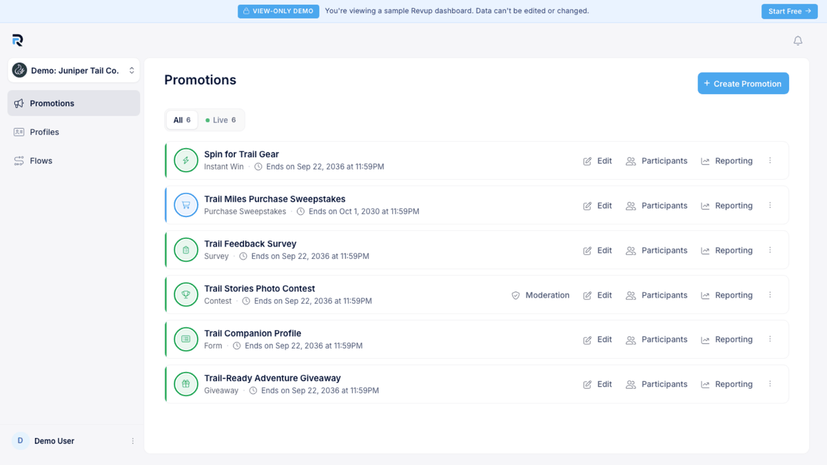 Screenshot of the Revup promotions dashboard showing six sample promotions in the public Juniper demo account