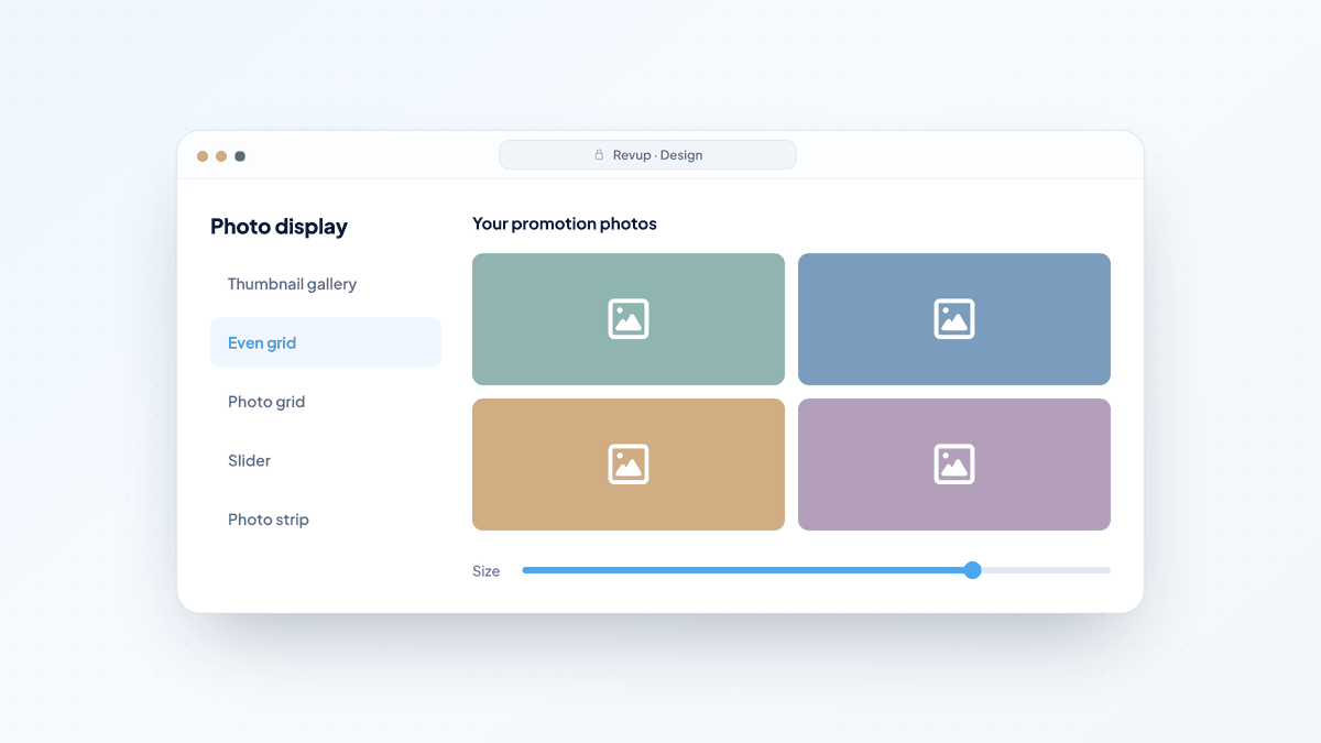 Illustration of promotion photo layout choices, an even photo grid, and a photo size control