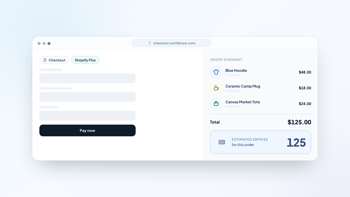 Shopify Plus checkout order summary with an estimated entries callout for the order