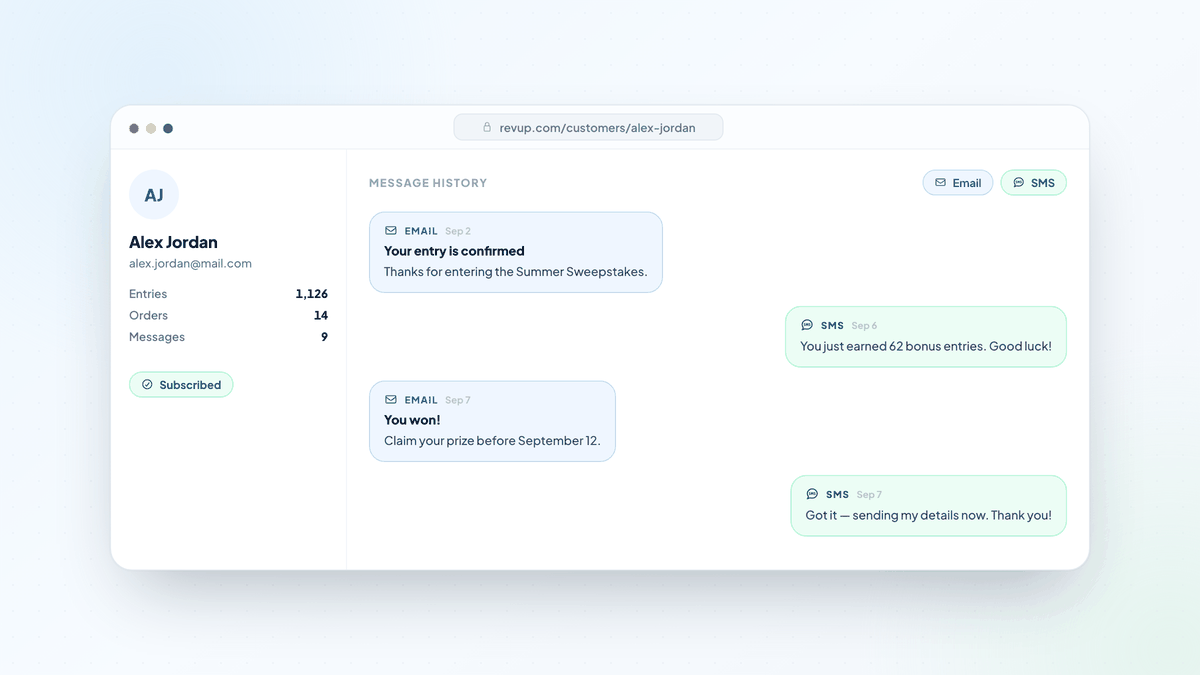 A customer profile showing email and SMS messages together in one conversation history
