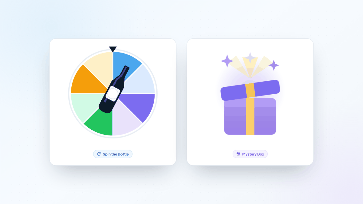 The Spin the Bottle prize wheel beside a Mystery Box reveal