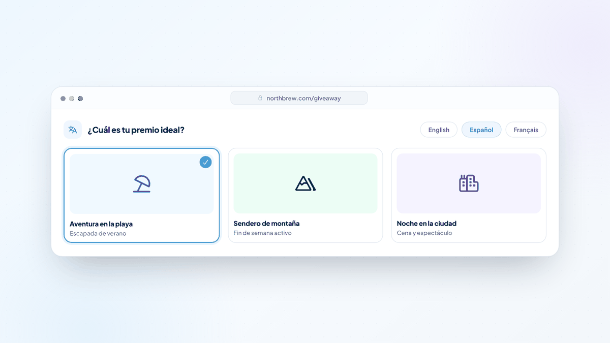 Picture Choice options with translated labels and captions and a language switcher set to Spanish