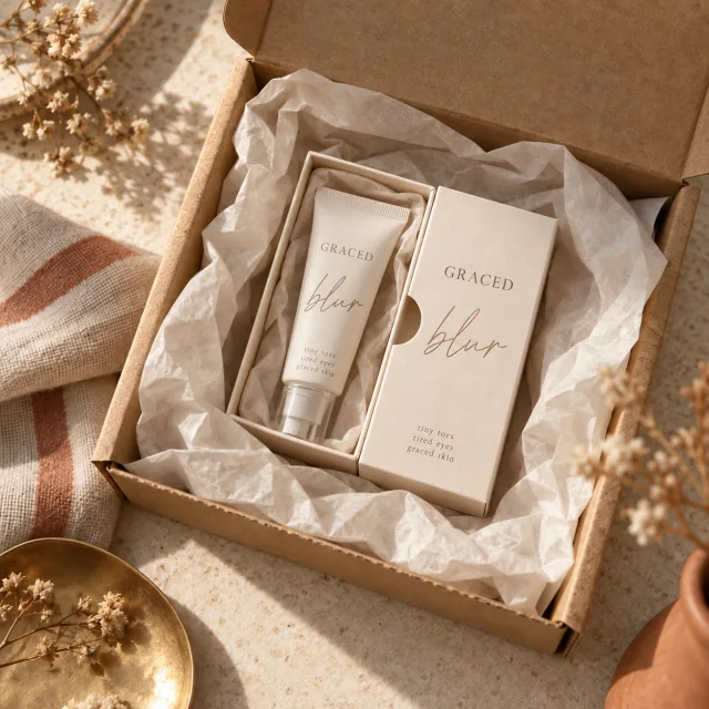 A travel-size Graced Blur sample in a small cream box nestled in tissue paper
