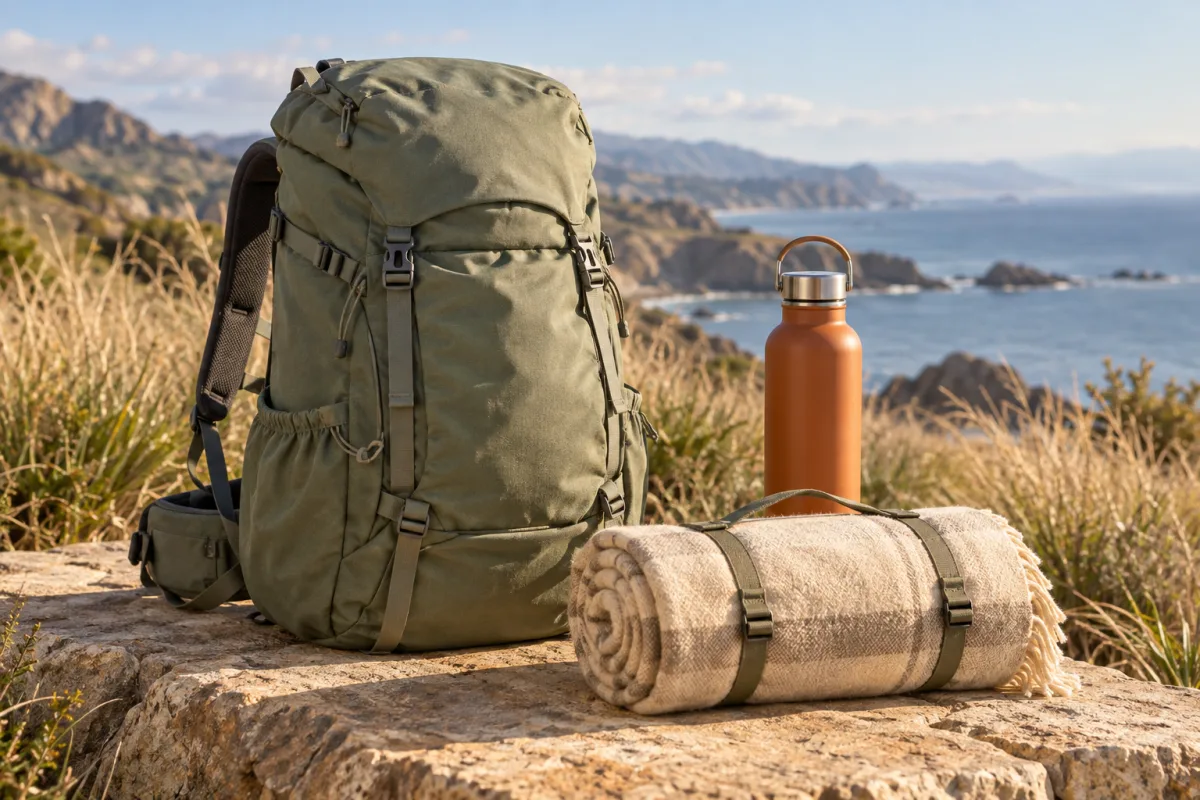Sage hiking backpack, camping blanket, and orange water bottle on a sunny coastal trail