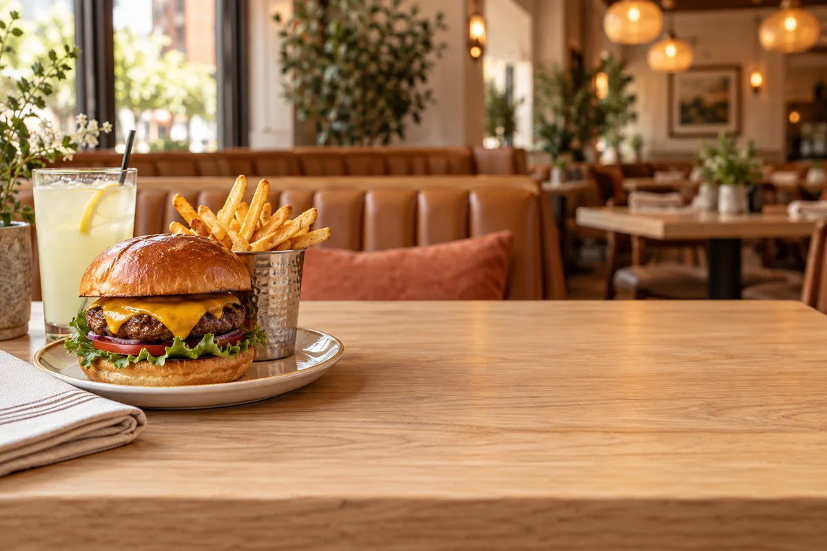 Burger, fries, and lemonade on a table in a warm neighborhood restaurant